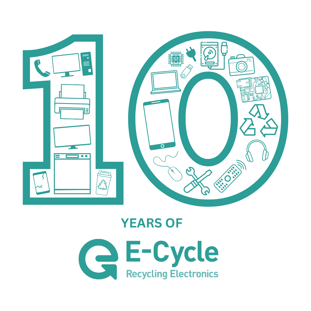 E-Cycle 10-year anniversary logo featuring number 10 filled with electronic device icons including computers, phones, printers, cameras, headphones, and recycling symbols in teal green design