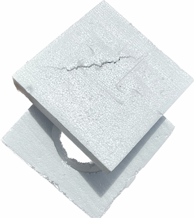 Three stages of polystyrene recycling process: before shows raw polystyrene waste,